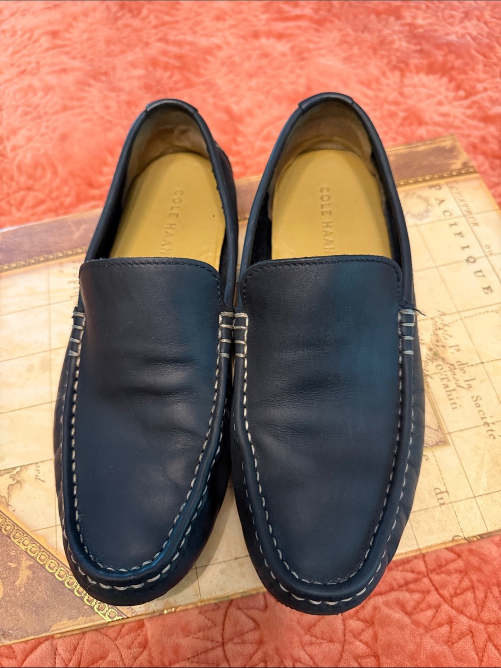Cole Haan Navy/Black Leather Slip-On Loafers with Contrast Stitching